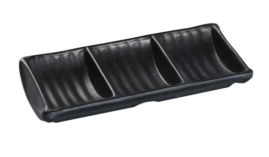 Yanco BP-4030 Black Pearl, 7 1/2" X 3 1/2" TRIPLE SAUCE DISH 2.5 OZ EACH, Black, Break-Resistant, Matte Finish, 48/Case