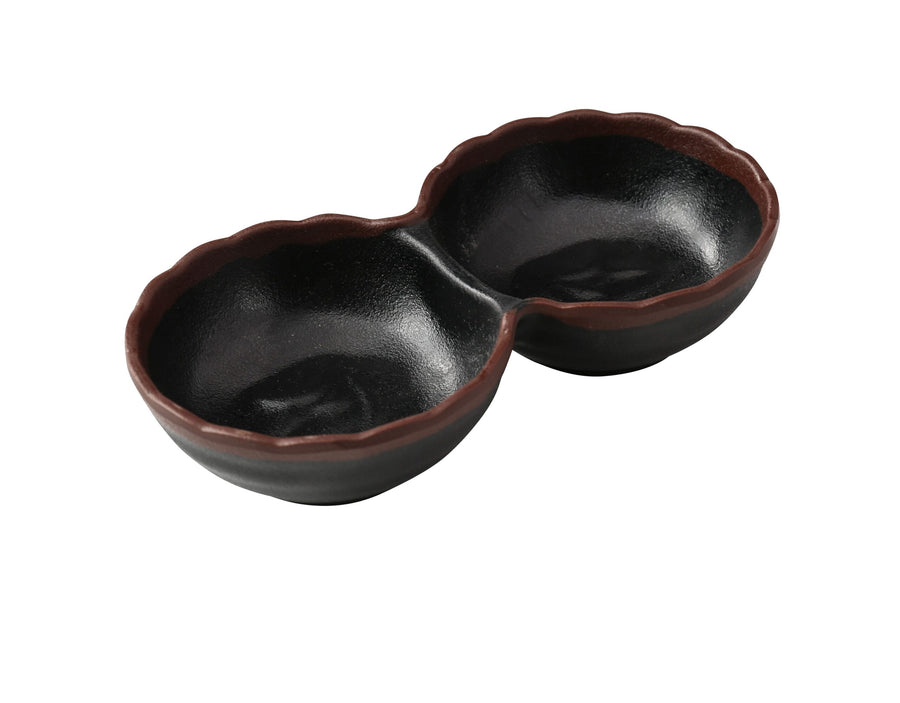 Yanco NA-506BK Nature Art, 5 3/4" X 3" X 1 1/4" TWO DIVIDED SAUCE DISH 2 OZ EACH, Black and Brown, Break-Resistant, 48/Case