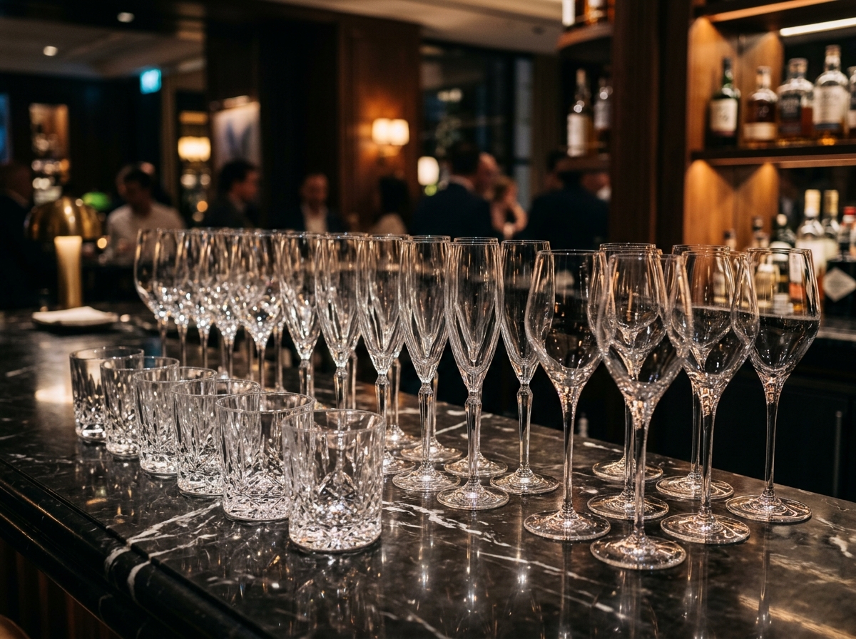 Commercial crystal glassware, wine glasses, and bar tumblers