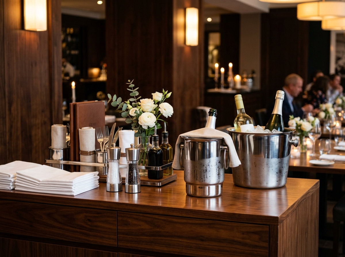 Hospitality supplies, wine coolers, ice buckets, and table service accessories